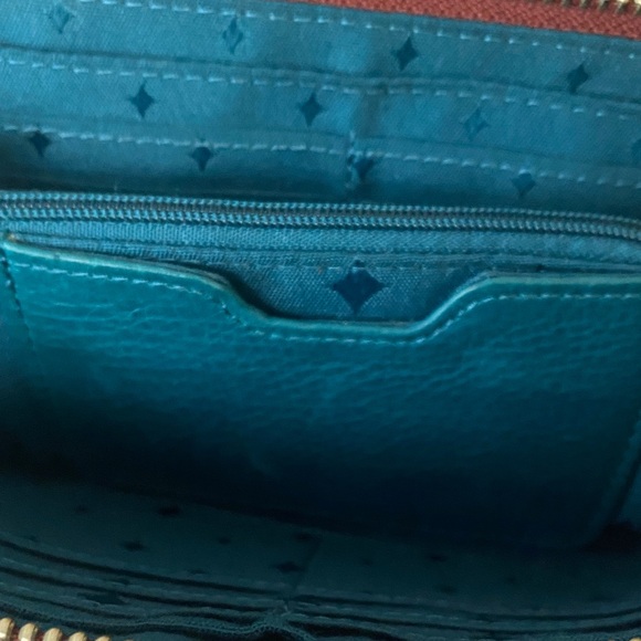 Fossil Brown Leather Wallet Teal Giraffe Detail Bohemian w Fossil Dust Bag - Picture 5 of 15
